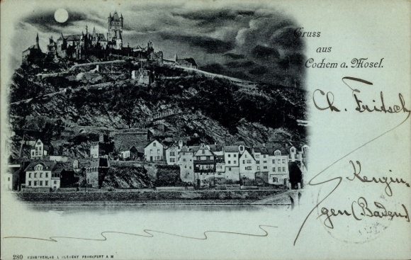 Ak Cochem an der Mosel, Schloss  Mosel, Stadtansicht, Vollmond, Gebäude am Fluss