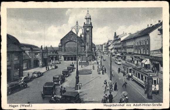Ak Hagen in Westfalen, Hauptbahnhof mit Adolf-Hitler-Straße, Straßenbahn