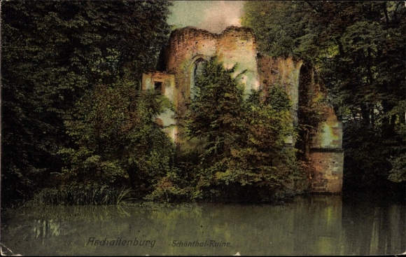 Postcard Aschaffenburg in Lower Franconia, Schönthal ruins, water, trees, Aschaffenburg