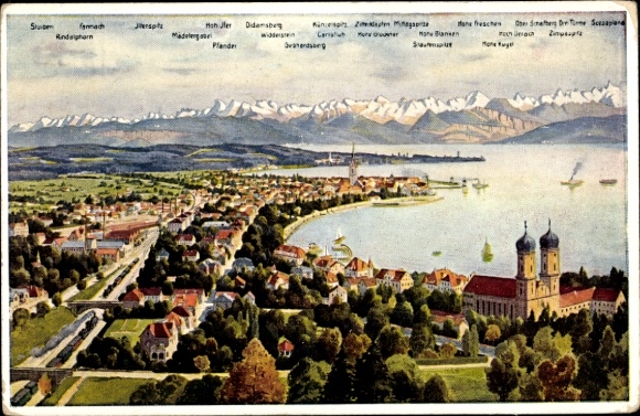 Artist Postcard Marschall J., Friedrichshafen Lake Constance, Panorama