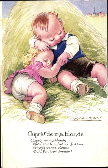 Kunstenaar Ak Mauzan, kinderen slapen op het stro, Aupres de ma blonde