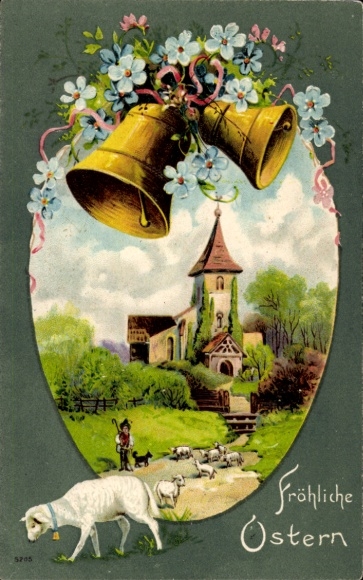 Künstler Ak Glückwunsch Ostern, Dorfidyll, Glocken, Schafe