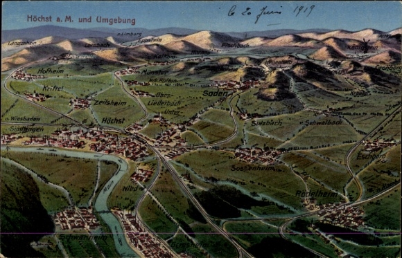 Ak Höchst Frankfurt am Main, Höchst a. M. und Umgebung, Karte mit Orten, Gebirgen, Flüssen