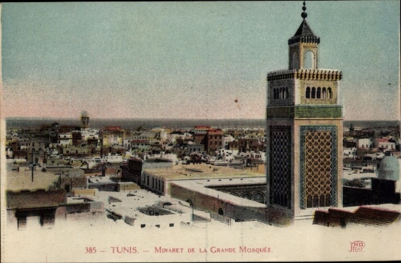 Ak Tunis Tunesien, Minarett der Großen Moschee, Stadtansicht von Tunis
