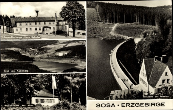 Postcard Sosa Eibenstock in the Ore Mountains, Karl Marx hiking hut, Hans Beimler youth hostel, dam