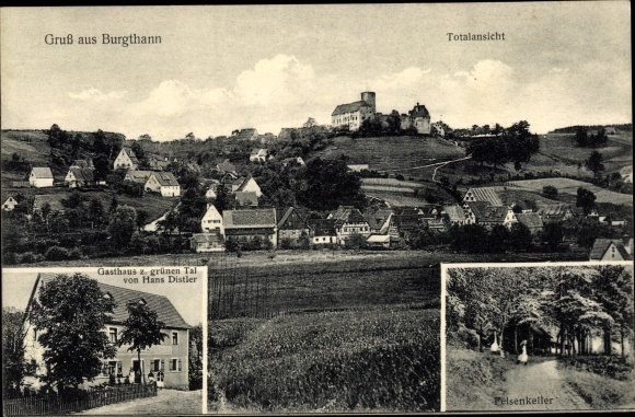 Ansichtkaart Burgthann in het Nürnberger Land, totaal uitzicht, herberg aan het groene dal, rotskelder