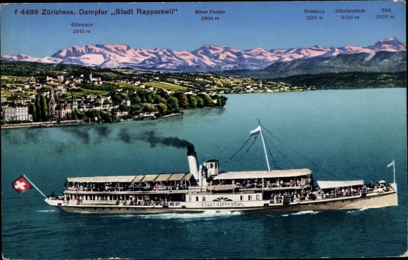 Ansichtkaart Zürichsee Kanton Zürich, Alpenpanorama met opschrift, stoombootstad Rapperswil