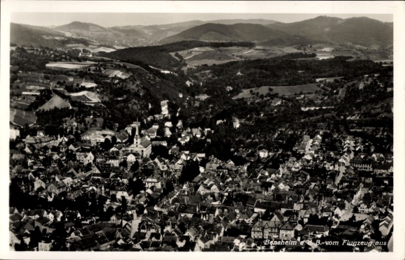Postcard Bensheim on the Bergstraße Hesse, bird's eye view of hilly landscape, architecture