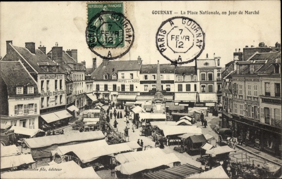 Postcard Gournay en Bray Seine Maritime, Place Nationale, market day