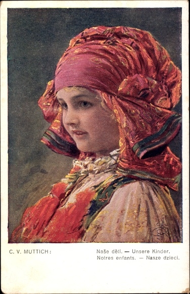 Artist Postcard Muttich, CV, girl in Slovak costume, portrait, red headscarf
