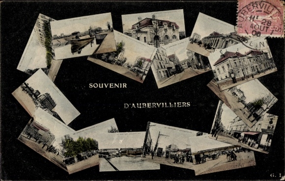 Ak Aubervilliers Seine Saint Denis, Mairie, pont, eglise, rue principale, bateau dans le canal