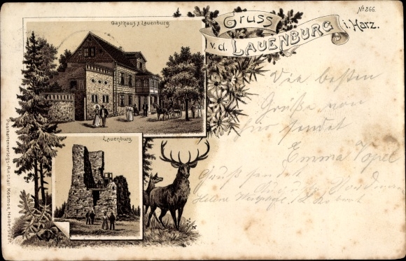 Chromo-Litho Stecklenberg Thale im Harz, Inn zur Lauenburg, keep, deer