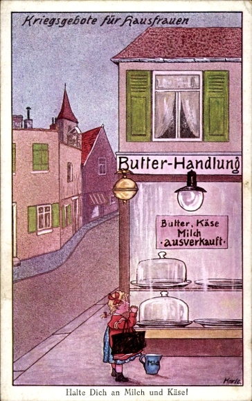 Artist Postcard War Commandments for Housewives, Stick to Milk and Cheese, Butter Shop, sold out