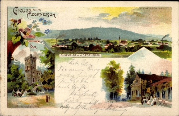 litho Cunewalde in Lausitz, Czorneboh, uitkijktoren, bergboerderij
