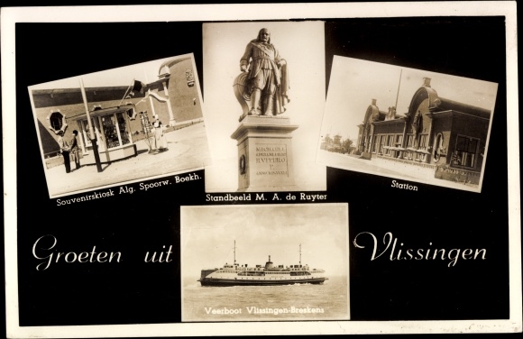 Postcard Vlissingen Zeeland Niederlande, Station, Statue MA de Ruyter, Ferry, Souvenir kiosk