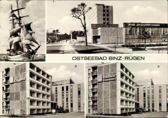 Postcard Seaside resort Binz on Rügen, sailing ship, buildings, holiday restaurants, FDGB, triple view