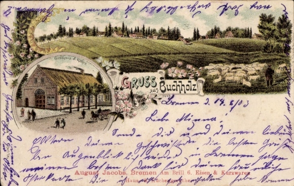 litho Buchholz in der Nordheide, Panorama, Herder met kudde schapen, Herberg