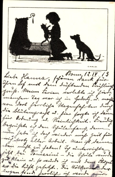 Paper cutting artist Postcard Carus, girl puts cat in bed, dog looks on