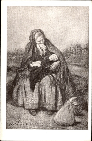 Artist Postcard Weeping Woman with Child 1915