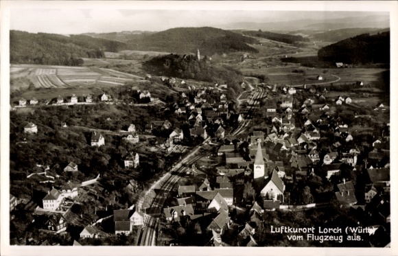 Postcard Lorch in Rheingau Hesse, climatic health resort aerial view, residential buildings, landscape, aerial photography