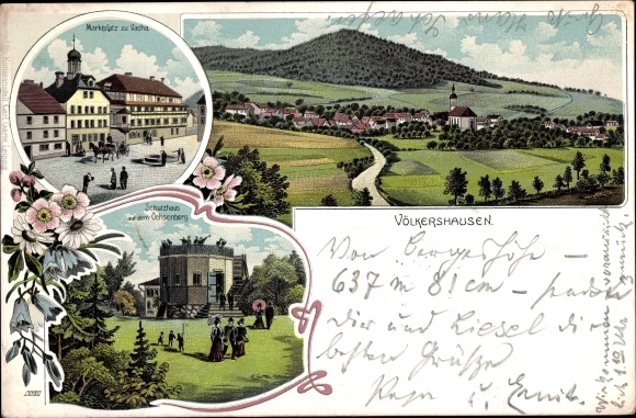 litho Völkershausen Vacha in de Rhön Thüringen, Schuthaus op de Ochsenberg, marktplein