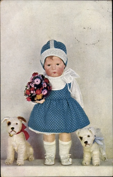 Postcard Doll in a blue dress with a bouquet of flowers, two stuffed dogs