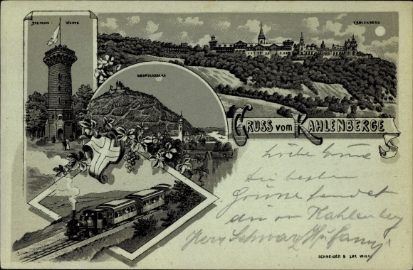 Mondschein Litho Wien 19. Döbling Österreich, Stefanie Warte, Leopoldsberg, Kahlenberg, Wappen