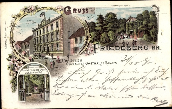 Litho Strzelce Krajenskie Friedeberg in der Neumark Ostbrandenburg, Hotel z. Post, Dt. Kaiser Garten