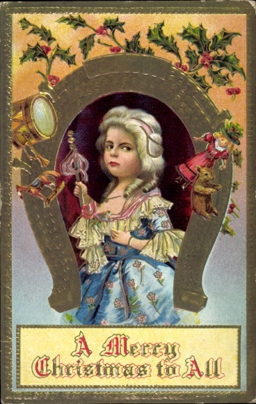 Reliëf ansichtkaart Vrolijk Kerstfeest, meisje in historisch kostuum, hoefijzer, speelgoed, hulsttakken