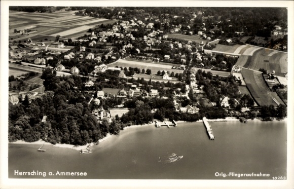 Postcard Herrsching am Ammersee, aerial view of Herrsching, Ammersee, houses, shore, landscape