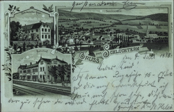 Moonlight Chromo-Litho Schluechtern in Hesse, total view, train station, to the German Emperor