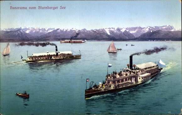 Postcard Starnberg am Starnberger See Upper Bavaria, steamers, boats, mountains