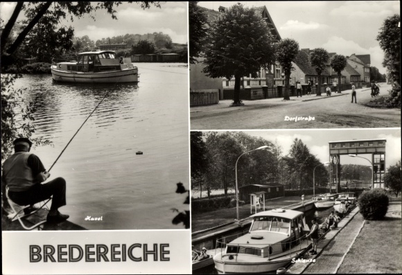 Postcard Bredereich Fürstenberg on the Havel, anglers on the Havel, Dorfstraße, lock