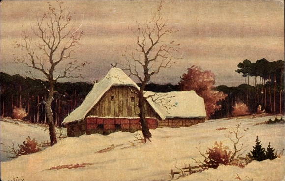 Kunstenaar Ak Hoy, W., boerderij in een winterlandschap, sneeuw