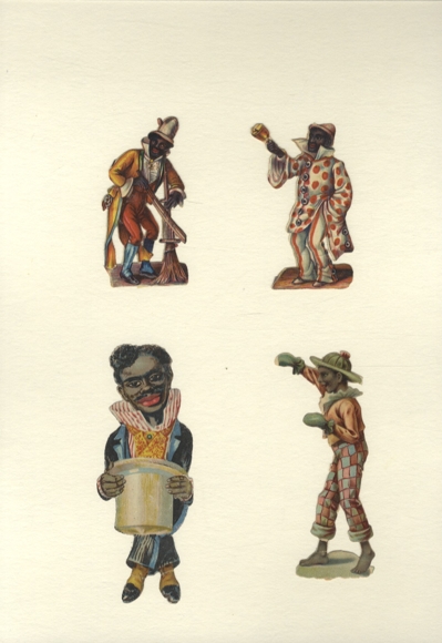 4 wafle z ciemnoskórymi klaunami o wymiarach ok. 8 x 4 cm, 10,5 x 4 cm, 12 x 5 cm
