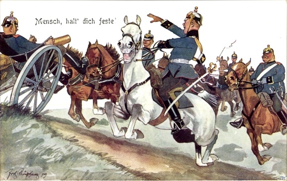 Künstler Ak Mensch halt dich feste, Kavalleristen und Kanonier