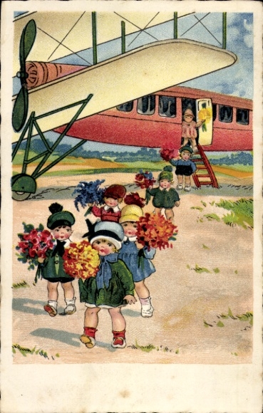Ak Gratulanten mit Geschenken, Kinder, Blumensträuße, Flugzeug