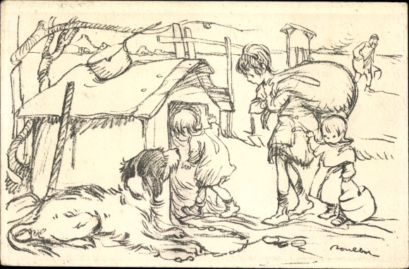 Artist PC Poulbot, Francisque, Children move into a kennel