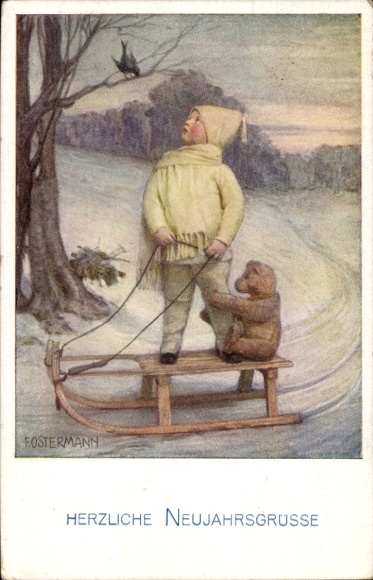 Artist Postcard Ostermann, F., Happy New Year, child, sleigh, teddy, bird