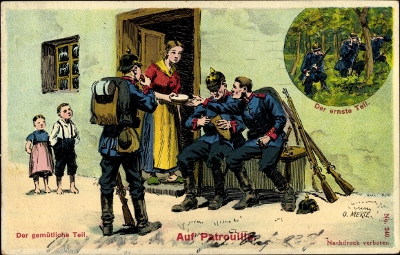 Artist Postcard Merté, Oskar, On patrol, the comfortable and the serious part, Soldier&#39;s life