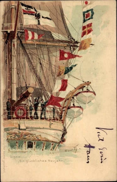 Artist Chromo-Litho Bohrdt, Hans, Happy New Year, German Warship, Signal
