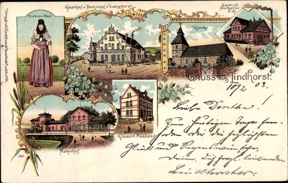 Chromo-Litho Lindhorst in the district of Schaumburg, imperial post office, central dairy, costume, train station