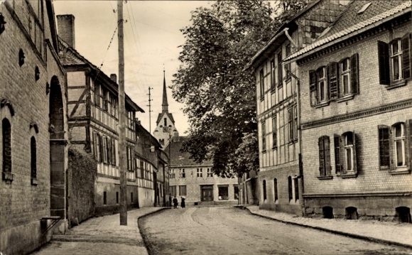 Postcard Pabstorf Huy in the Harz, village centre, half-timbered houses, church tower