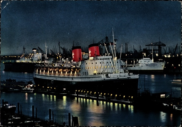 Postcard Hamburg, harbor, TS Hanseatic, Überseebrücke, night view