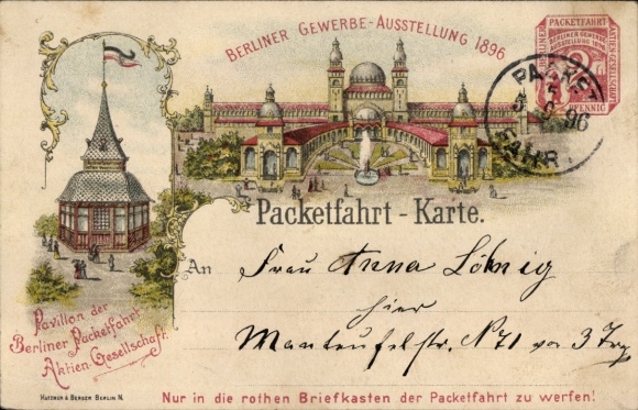 lito Berlin Treptow, wystawa handlowa 1896, prywatna poczta miejska, wysyłka paczek do Berlina