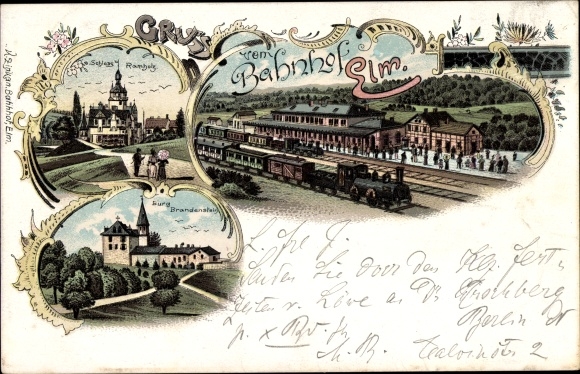 Chromo-Litho Elm Schluechtern in the Main Kinzig district, train station, track side, Brandenstein Castle, Ramholz Castle