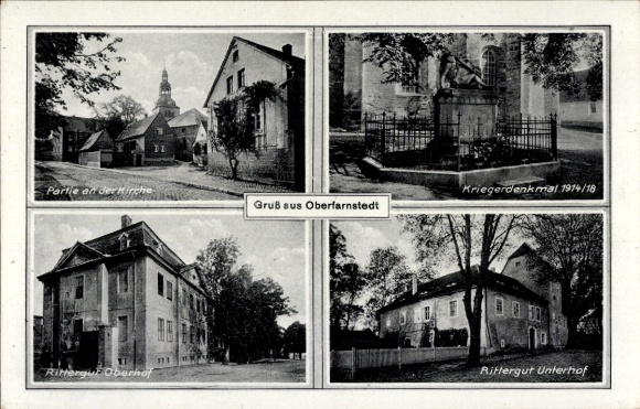 Ak Oberfarnstedt Farnstädt in Saalekreis, Diverse aanzichten: Kerk, oorlogsmonument 1914/18,