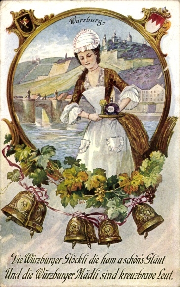 Postcard Würzburg am Main Unterfranken, Würzburger Glöckli, maid with wine bottle