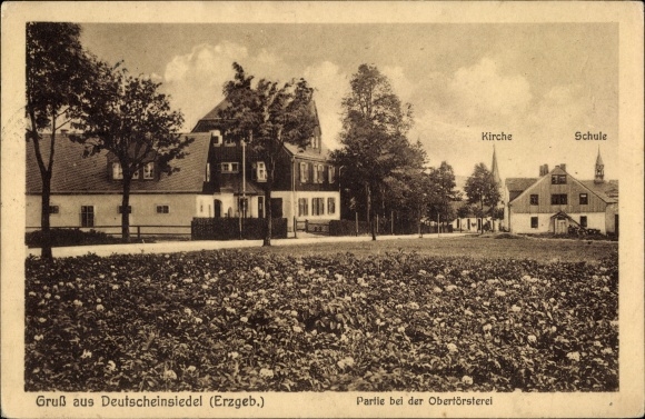 Ansichtkaart Duits Einsiedel Deutschneudorf in het Ertsgebergte, partij bij de hoofdboswachter, kerk, school