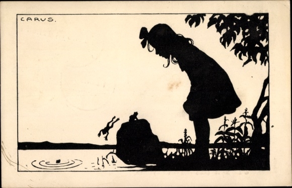 Paper cut Postcard Carus, girl observes frogs
